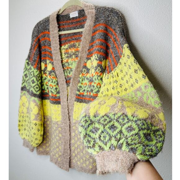 Fate Yellow Tan Gray Multi Floral & Stripe Print Open Front Cardigan XS - Picture 2 of 13